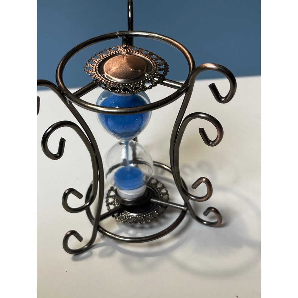Vintage Blue Sand Hourglass Timer Bronze Ornate Scroll Metal Stand Decor 4.5"